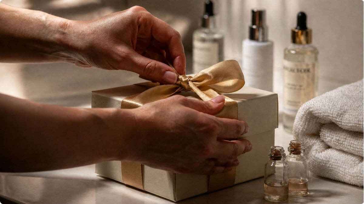 Hands tying a ribbon on a care kit